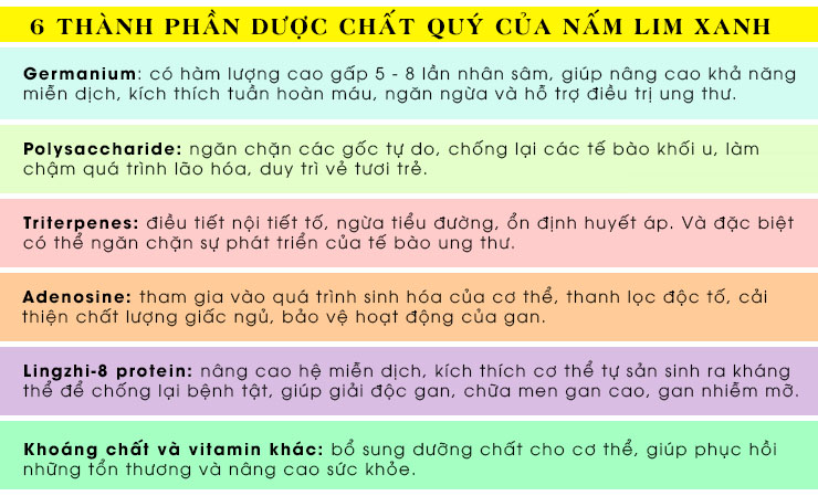 Nấm lim xanh có tên khoa học là ganoderma lucidum (Leyss. Ex Fr.) thuộc họ nấm lim (Ganodermataceae), thường thấy trên các thân cây lim xanh đã chết trong các khu rừng nguyên sinh ở Trường Sơn – Quảng Nam, Tây Nguyên và Nam Lào.  Công dụng tuyệt vời của nấm lim xanh  Nấm lim xanh có 3 thành phần quan trọng là beta-glucans và hero-beta-glucans, ling Zhi-8 protein và garnodermic acids-triterpenes có tác dụng dược lý trong điều trị và phòng bệnh.