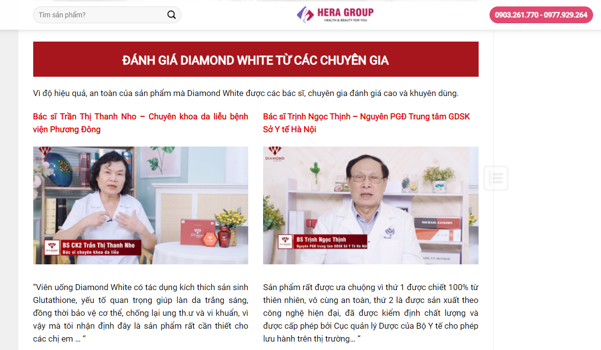 Viên uống trắng da Diamond White sử dụng hình ảnh Bác sĩ, chuyên gia trong quảng cáo