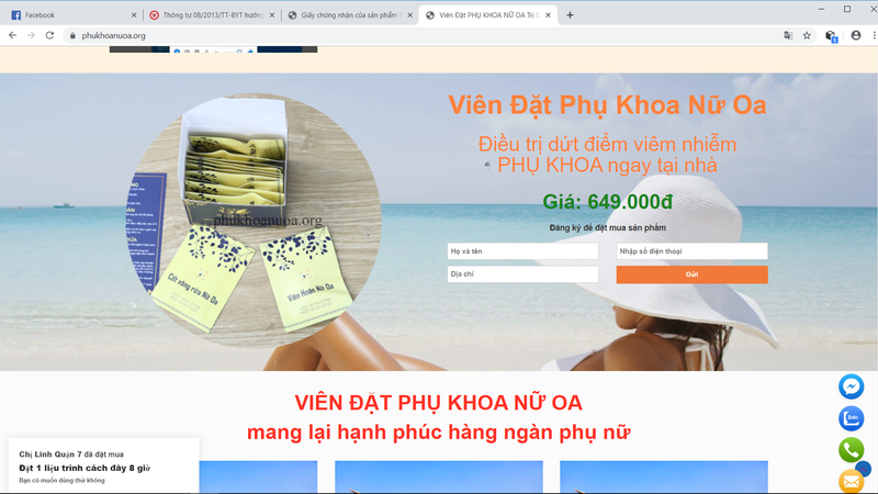 Nội dung quảng cáo gây nhầm lẫn đây là thuốc chữa bệnh  Ngoài ra, đơn vị bán hàng còn ngang nhiên sử dụng hình ảnh của nhiều bác sỹ để quảng cáo sản phẩm, gây hiểu lầm là thuốc chữa bệnh. Trang “phukhoadongyvuduc.com” đăng tải nhiều hình ảnh cùng chú thích: “tiến sĩ – bác sĩ Nguyễn Thị Vân Anh, nguyên trưởng Khoa Nội – Bệnh viện YHCT trung ương khuyên dùng phụ khoa Nữ Oa. Phó giáo sư - tiến sĩ - bác sĩ Lưu Thị Hồng, Tổng thư ký hội Phụ Sản Việt Nam giải đáp thắc mắc về cơ chế phụ khoa Nữ Oa. Thạc sĩ – bác sĩ Nguyễn Thị Tuyết Lan, nguyên trưởng khoa khám bệnh Bệnh viện YHCT khuyên dùng sản phẩm An Nhiên Tọa”.