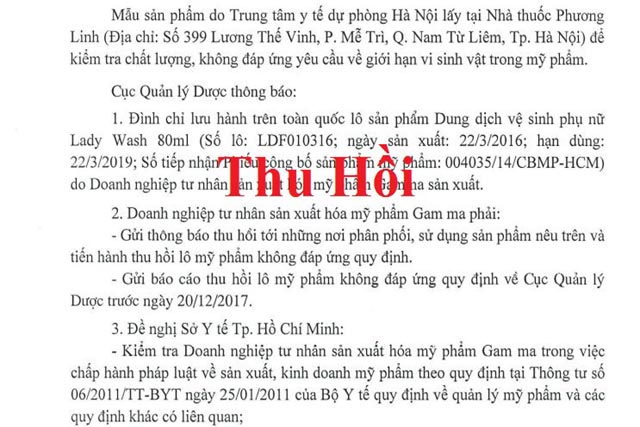 Đình chỉ lưu hành, thu hồi mỹ phẩm không đạt chất lượng của Doanh nghiệp tư nhân sản xuất hóa mỹ phẩm Gamma sản xuất