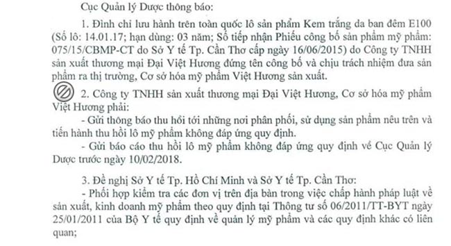 Đình chỉ lưu hành, thu hồi Kem trắng da ban đêm E100 không đạt chất lượng của công ty Đại Việt Hương